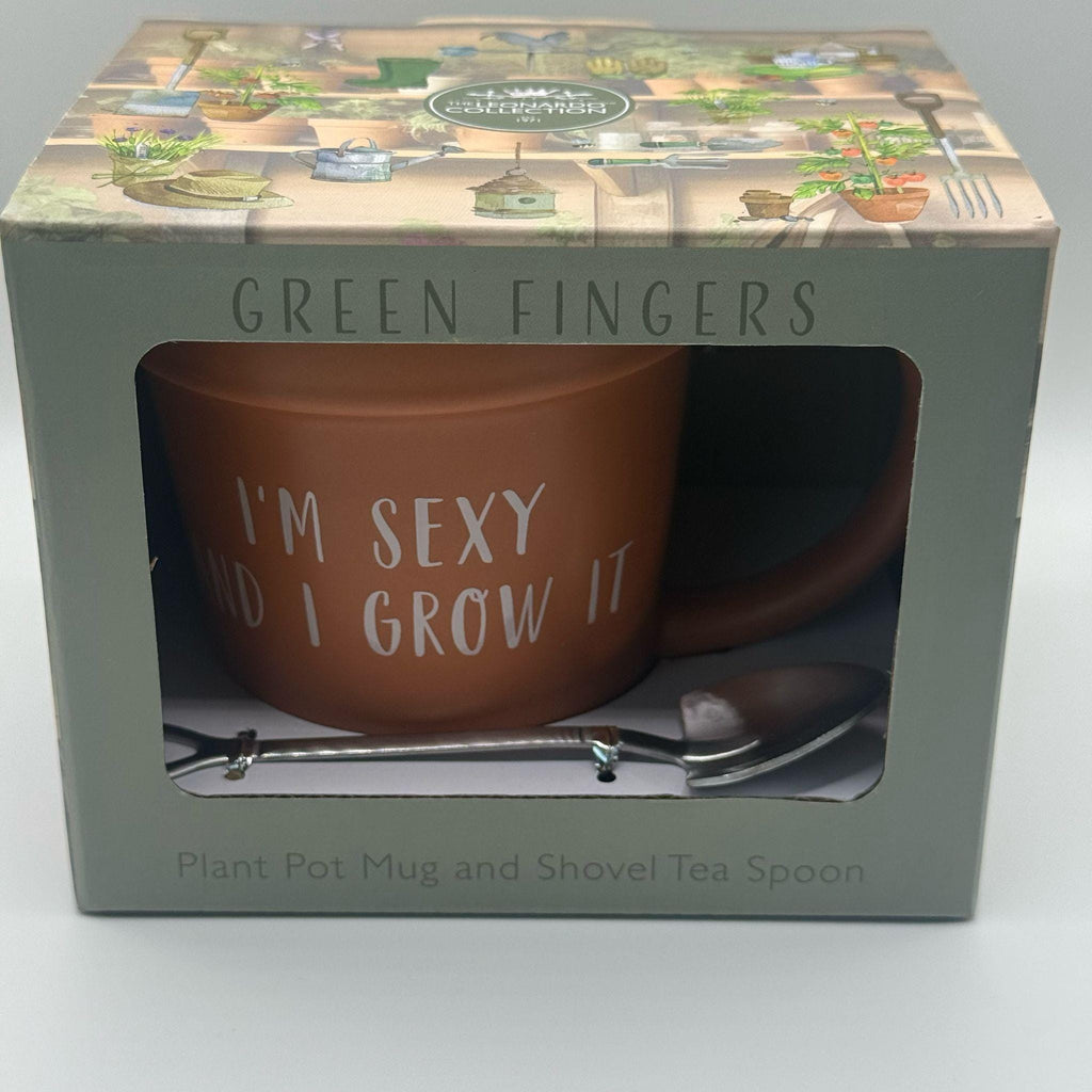 Terracotta Style Plant Pot Mug & Shovel Spoon Set - I'm Sexy and I Grow It