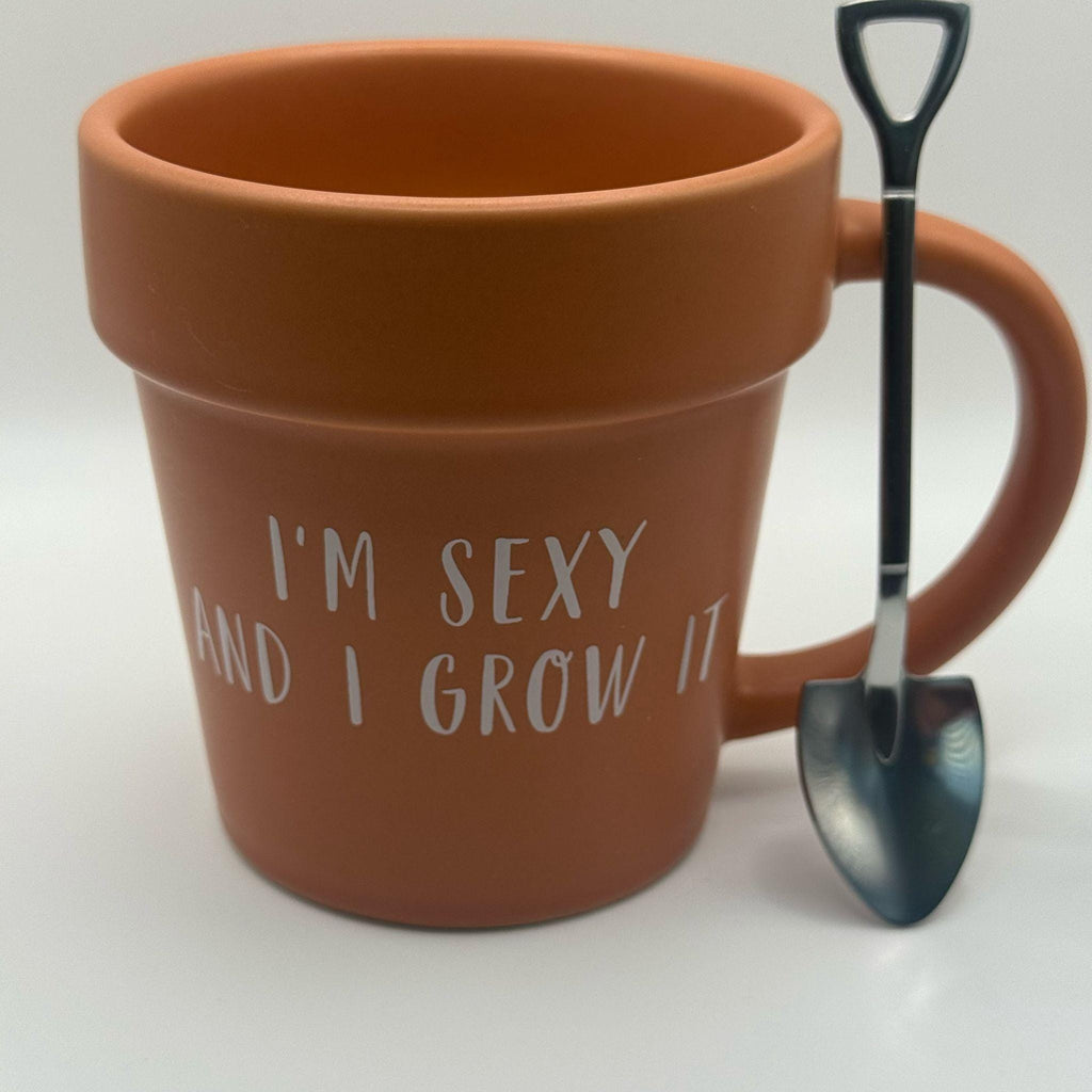 Terracotta Style Plant Pot Mug & Shovel Spoon Set - I'm Sexy and I Grow It