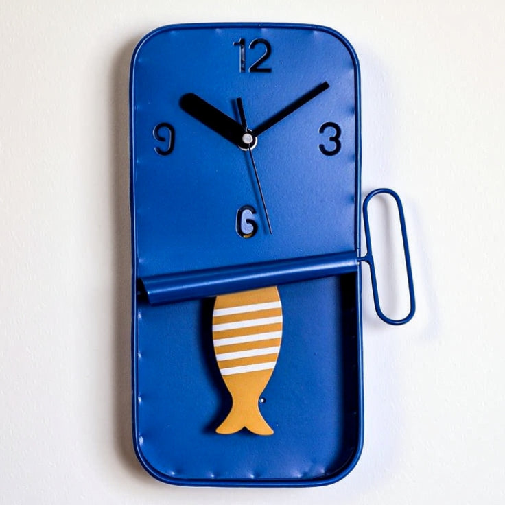 Blue Metal Sardine Tin Pendulum Wall Clock