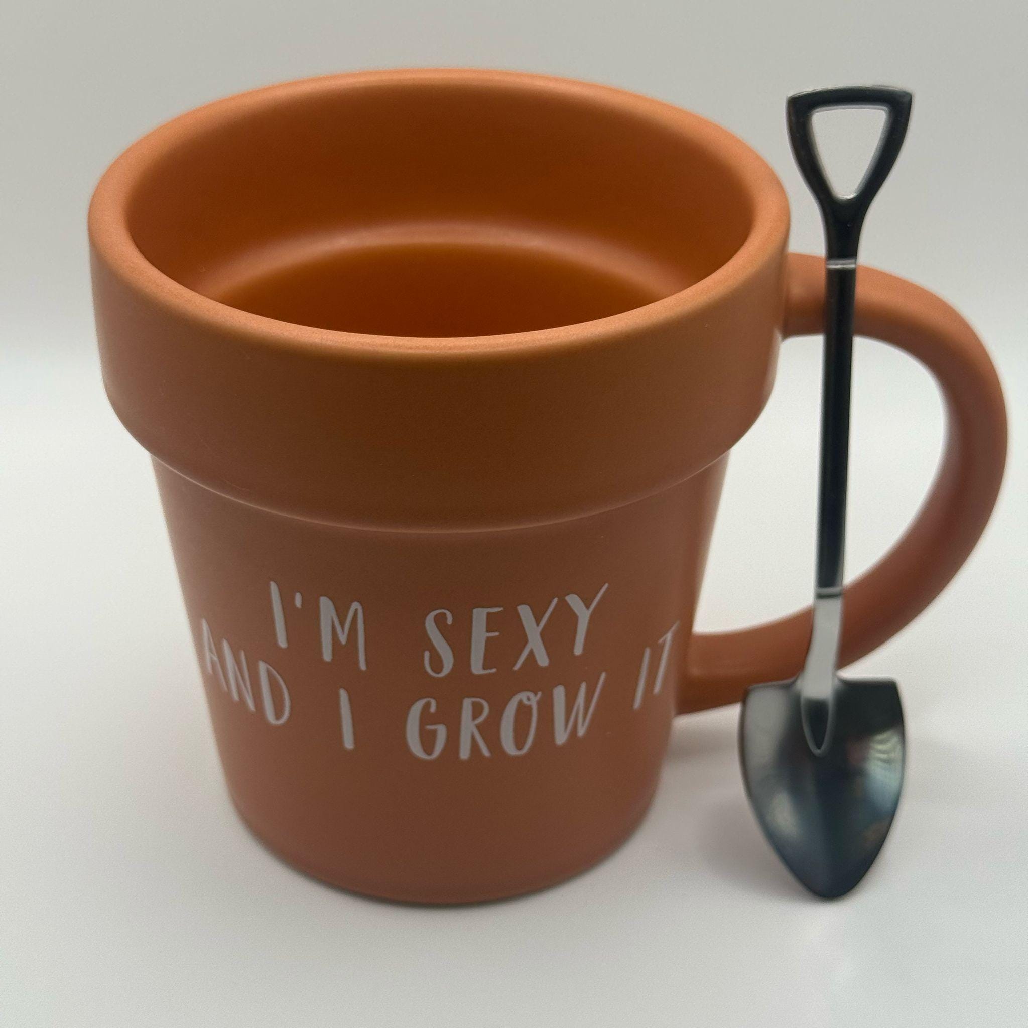 Terracotta Style Plant Pot Mug & Shovel Spoon Set - I'm Sexy and I Grow It