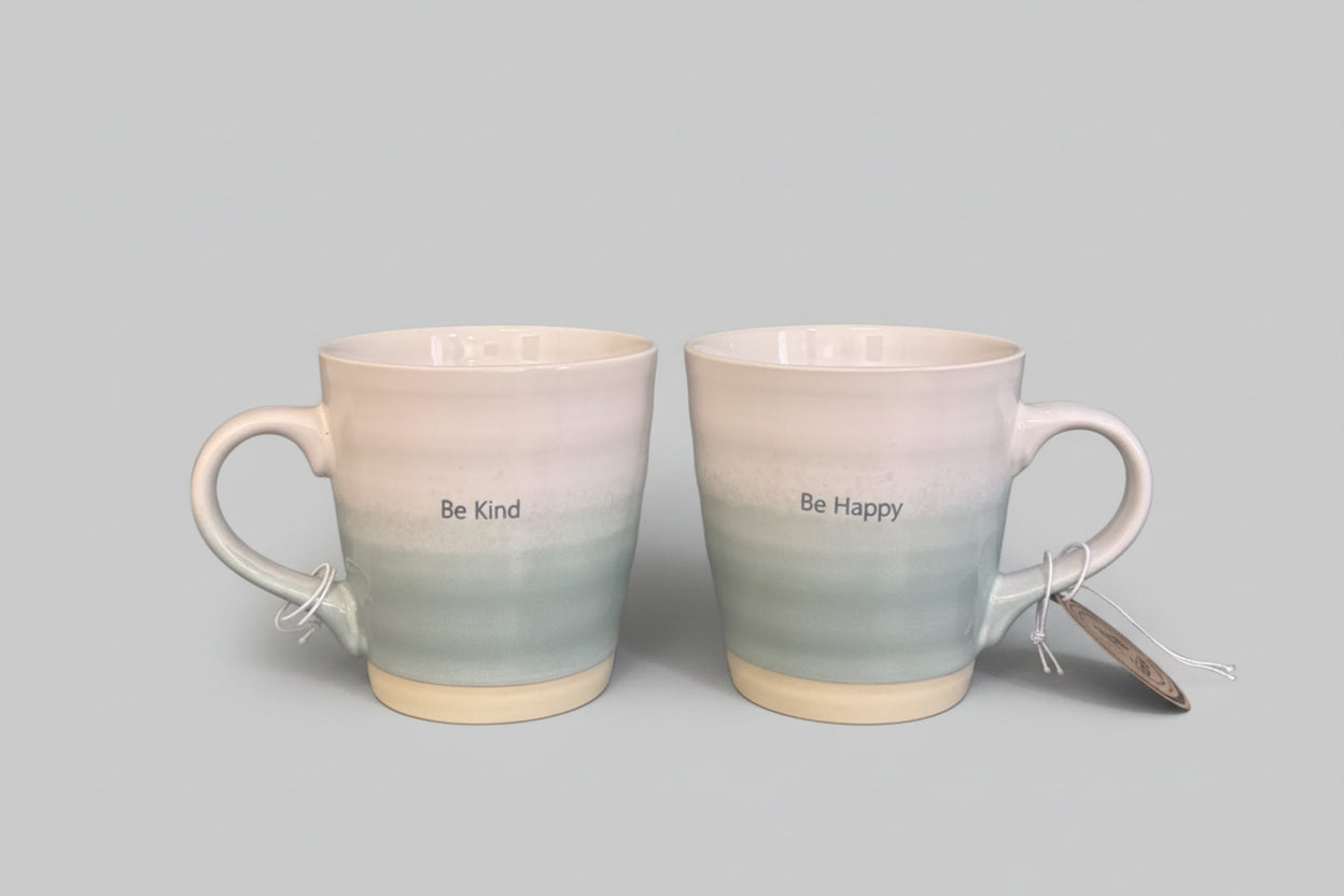 Ceramic Be Kind | Be Happy Mugs (Set of 2) - Bluey/Grey
